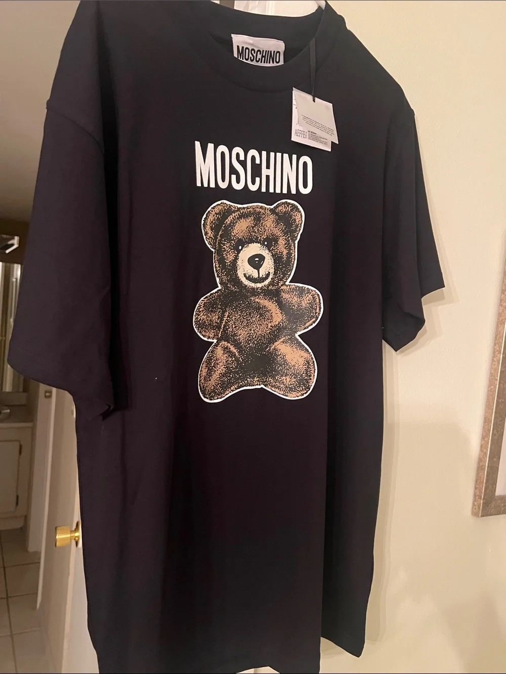 Moschino Black Tee with Brown Teddy Graphic and White Logo